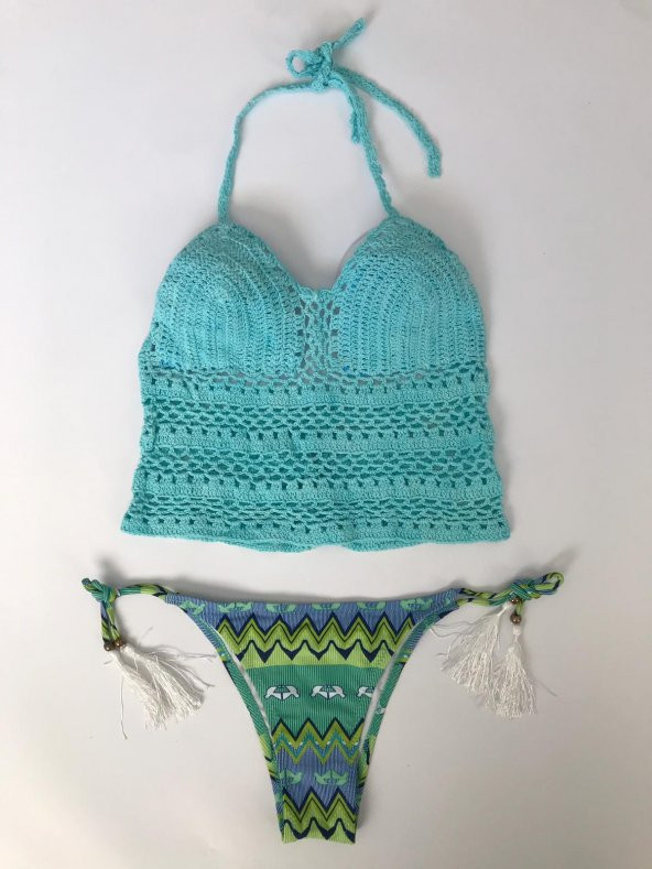 Bayan Mavi Örgü Bikini Takımı Örgü Dantelli Bralet Plaj Elbisesi