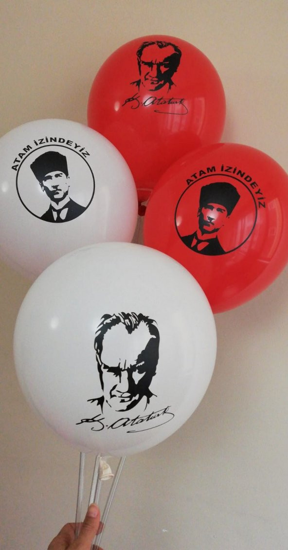 100 Adet Kırmızı Beyaz Renkli Atatürk Baskılı Balon