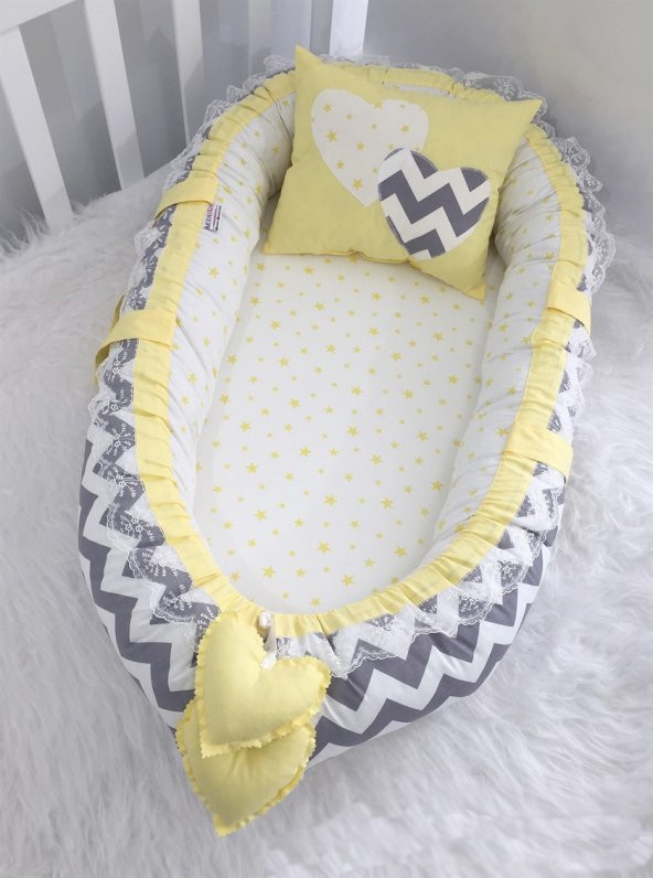 Modastra Babynest Gri Zigzag ve Sarı Yıldız Kombin Lüx Baby Nest