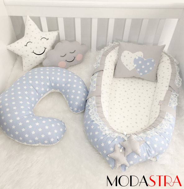 Modastra Babynest Mavi Yıldız Emzirme Yastığı ve Baby Nest Set