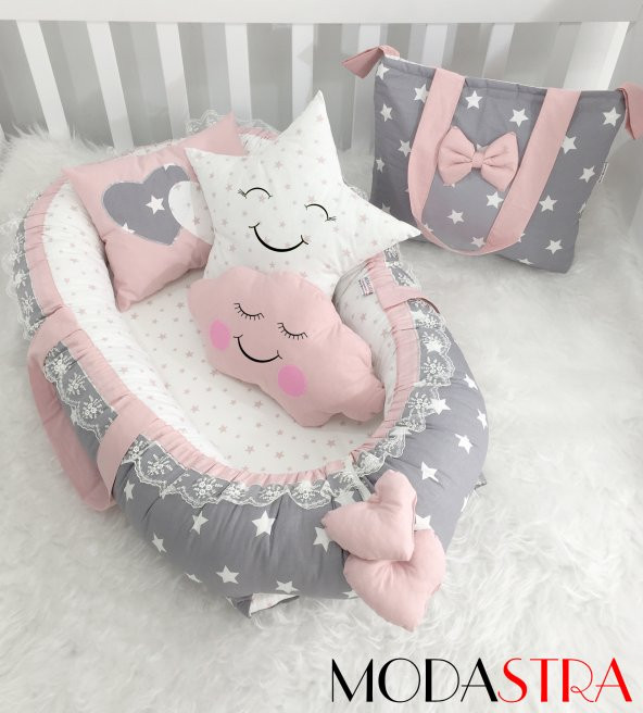 Modastra Baby Nest Gri Büyük Yıldız Babynest Set ve Çanta Set