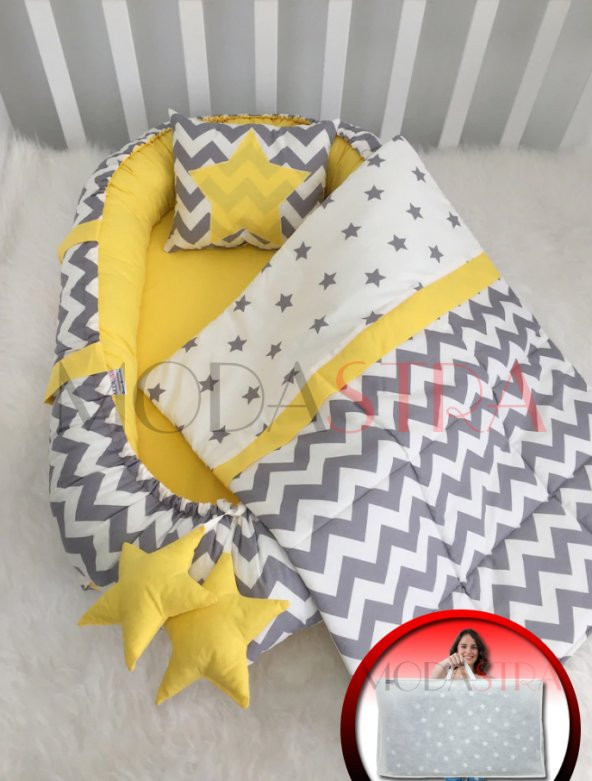 Modastra Babynest Gri Zigzag Sarı Tasarım Lüx Baby Nest