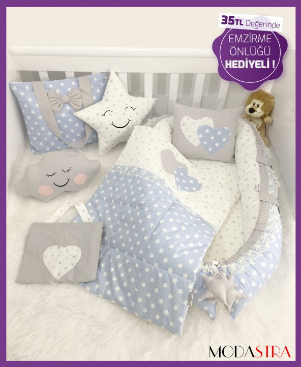 Modastra Babynest Mavi Yıldızlı Baby Nest Set Emzirme Önlüğü