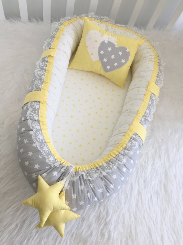 Modastra Babynest Gri ve Sarı Yıldız Kombin Lüx Baby Nest