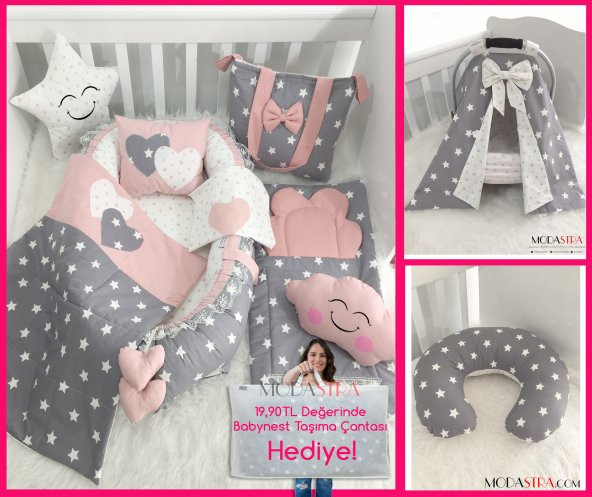 Modastra Babynest Gri Yıldız Desenli Lüx Baby Nest Bebek Uyku Set