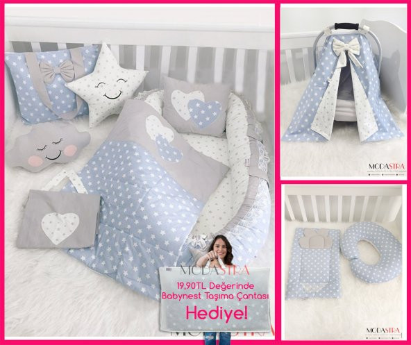 Modastra Babynest Mavi Yıldızlı Lüx Baby Nest Bebek Uyku Seti