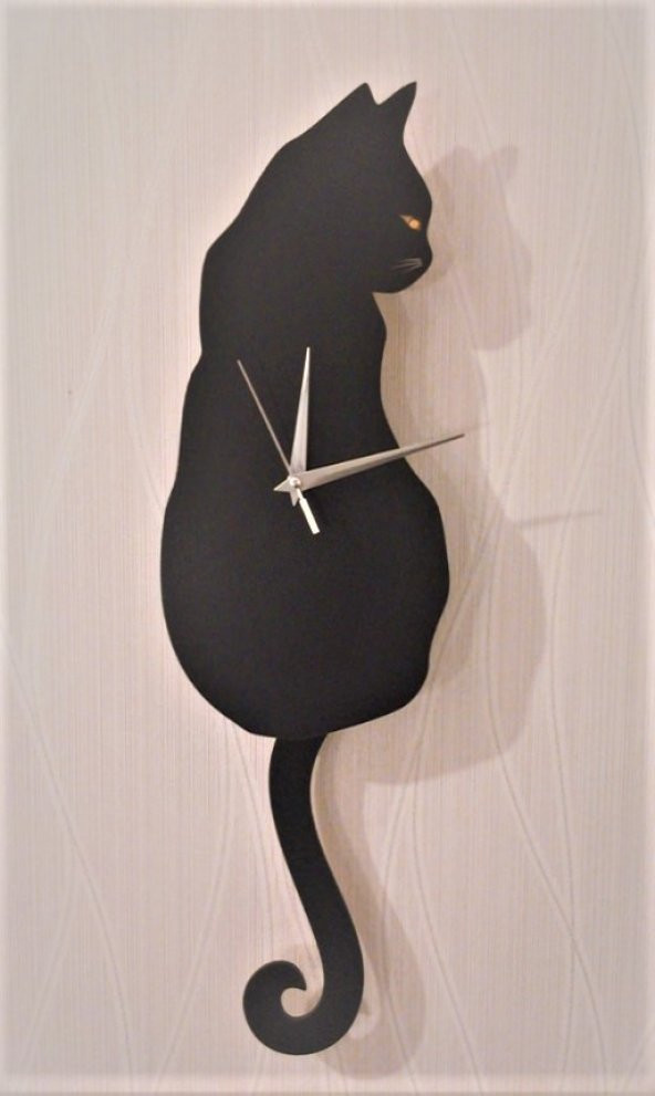 Siyah Kedi Sallanır Sarkaçlı Duvar Saati