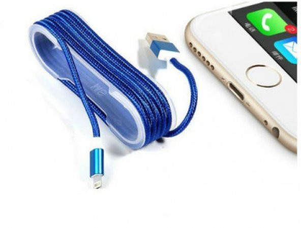 iPhone Örgü Şeklinde Renkli Çelik Şarj Data Kablosu - Mavi