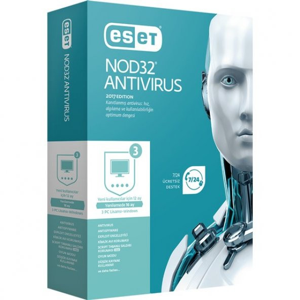 Eset NOD32 Antivirus V10 - 3 Kullanıcı 1 Yıl Kutu ENA3