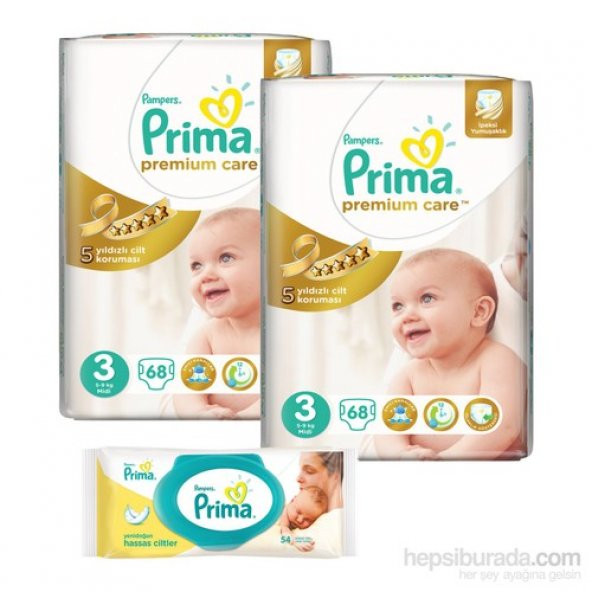 Prima Bebek Bezi Premium Care Jumbo 2 ’li Paket 3 Beden 136 Adet