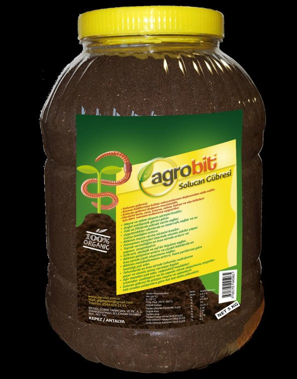 Agrobit Solucan Gübresi Organik 5 LT Kavonoz Toz
