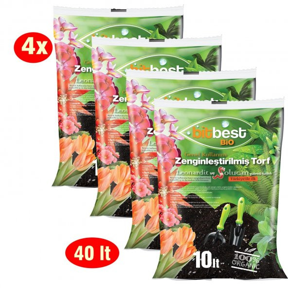 Bitbest bio 4x10lt (40Lt) Bitki Saksı Toprağı Solucan Gübresi torf humus perlit Leonardit