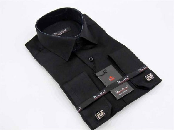 Siyah Micro Kumaş Kol Düğmeli Slim Fit Düz Renk Erkek Gömlek - 199-2