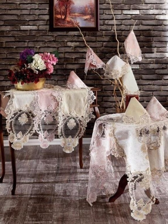 Güzide Dantelli Salon Takımı Rana Keten Pudra
