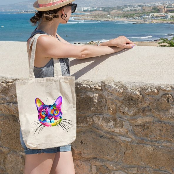 Angemiel Bag Renkli Şaşkın Kedi Resimli Alışveriş Plaj Bez Çanta