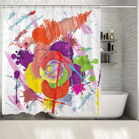 Baskılı Duş Perde Modern Sanatsal Renkli Gül Çiçek Desenli