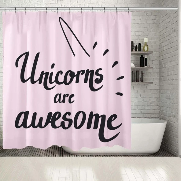 Baskılı Duş Perde Unicornlar Harikadır Yazılı Boynuz Desenli