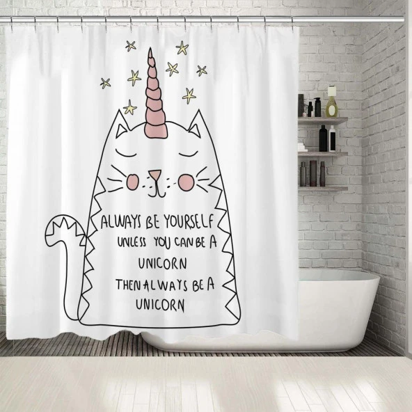 Baskılı Duş Perde Her Zaman Kendin Ol Unicorn Boynuzlu Kedi