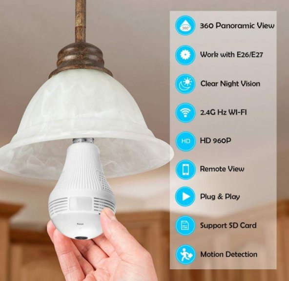 Akıllı Ampul Kamera 360 DERECE + HD Gece Görüşlü + Kablosuz Güvenlik WiFi Kamerası Bebek Kamera - 2