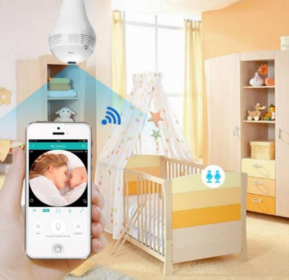 Akıllı Ampul Kamera 360 DERECE + HD Gece Görüşlü + Kablosuz Güvenlik WiFi Kamerası Bebek Kamera - 5