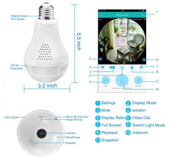Akıllı Ampul Kamera 360 DERECE + HD Gece Görüşlü + Kablosuz Güvenlik WiFi Kamerası Bebek Kamera - 6