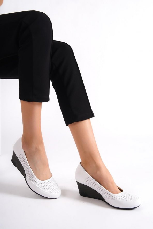 Modabuymus Hakiki Deri Dolgu Topuklu Yazlık Beyaz Kadın Ayakkabı - Greatder