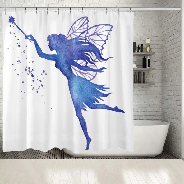 Baskılı Duş Perde Sulu Boya Kanatlı Peri Kızı Desenli Mavi
