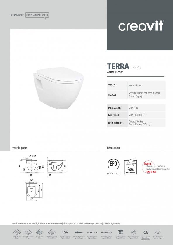 CREAVİT TP325 TERRA ASMA KLOZET+YAVAŞ KAPANIR K.KAPAĞI (KC5000) - 5