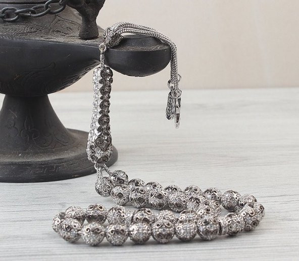 Zirkon Taşlı Telkari Model 925 Ayar Gümüş Tesbih