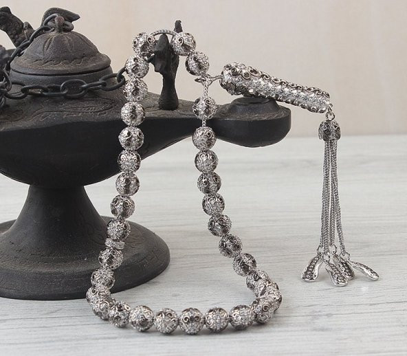 Zirkon Taşlı Telkari Model 925 Ayar Gümüş Tesbih - 2