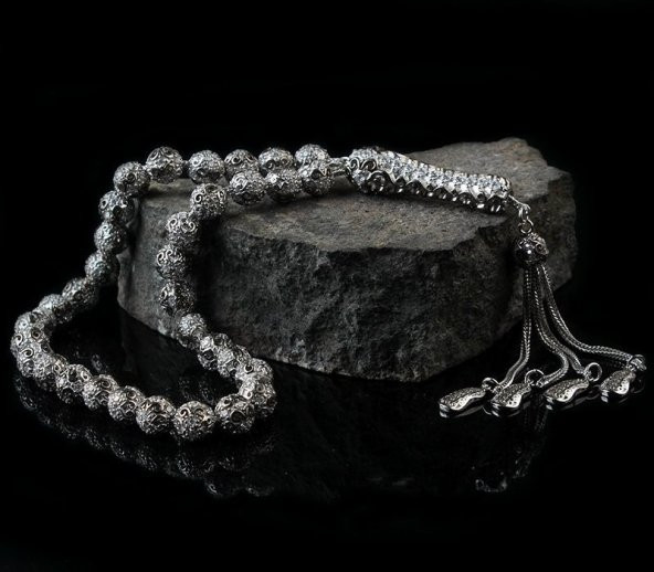 Zirkon Taşlı Telkari Model 925 Ayar Gümüş Tesbih - 3