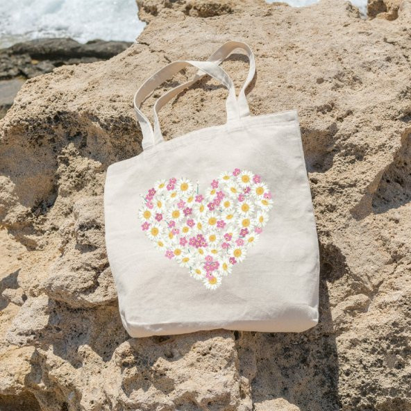 Angemiel Bag Çiçekli Kalp Resimli Alışveriş Plaj Bez Çanta