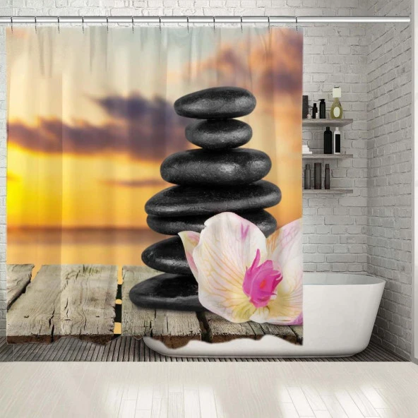 Baskılı Duş Perde Spa Taşları Orkide Turuncu Gökyüzü Desenli