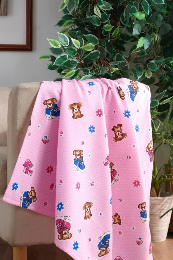 100 Pamuklu Bebek Battaniyesi Pink Bear