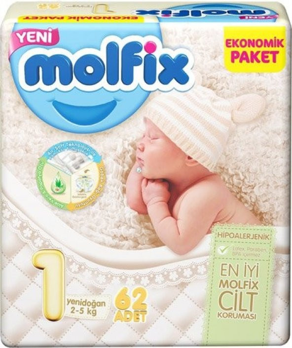 Molfix 1 Numara Yenidoğan 62 Adet Ekonomik Paket Bebek Bezi