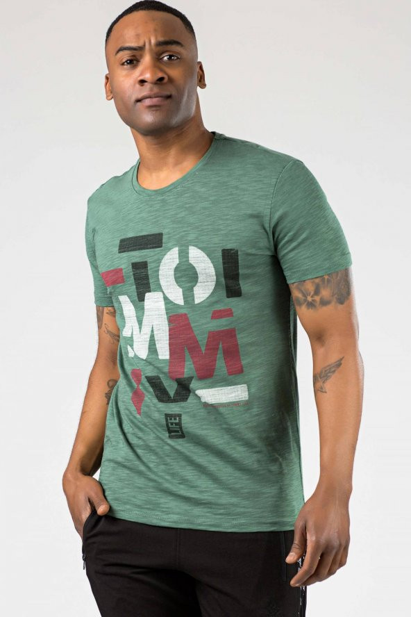 Tommy Life Flamlı Yazı Baskılı Yeşil Erkek Tshirt