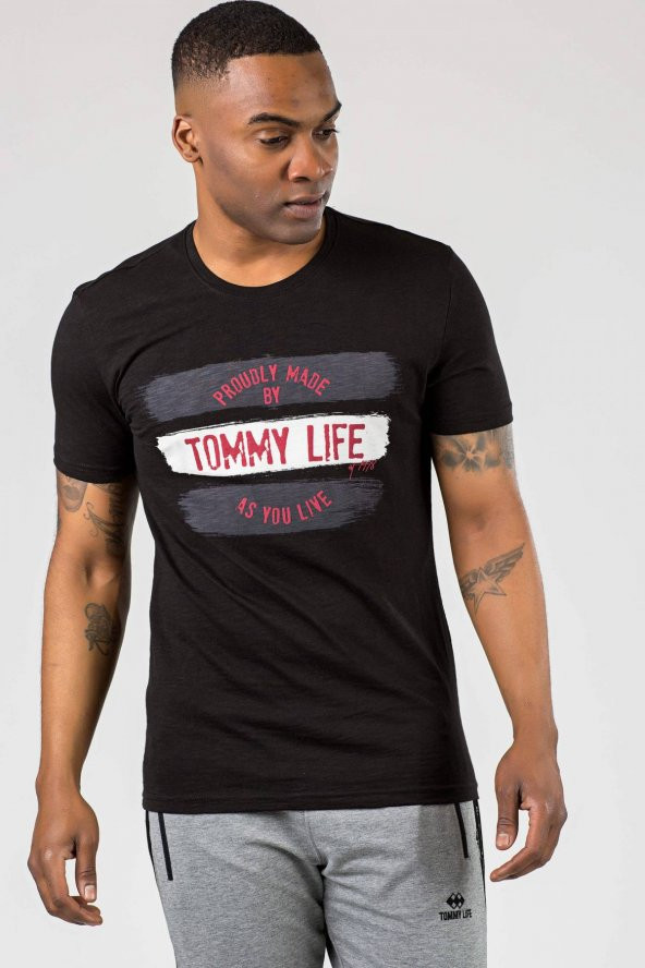Tommy Life Yazı Baskılı Siyah Erkek Tshirt