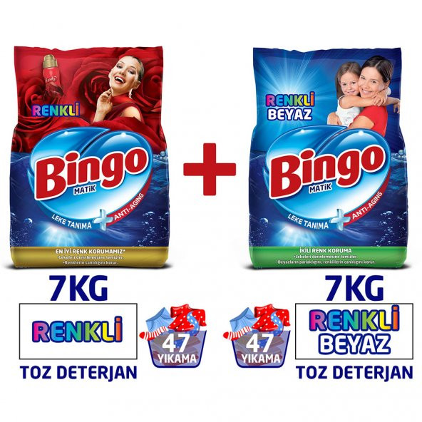 Bingo Renkli ve Renkli Beyaz Toz Çamaşır Deterjanı 7 Kg 2’li Av Pkt