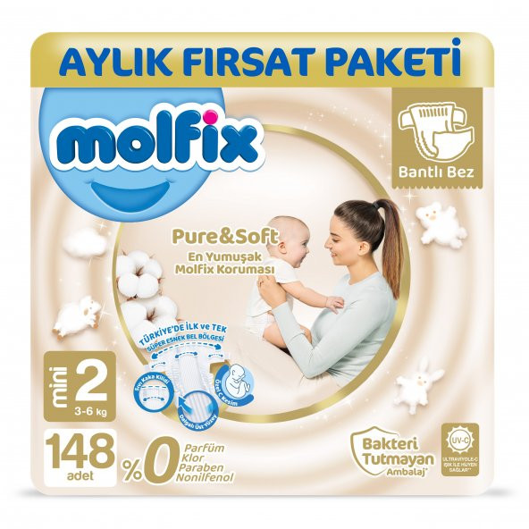 Molfix Pure&Soft 2 Beden Mini Aylık Fırsat Paketi 148 Adet
