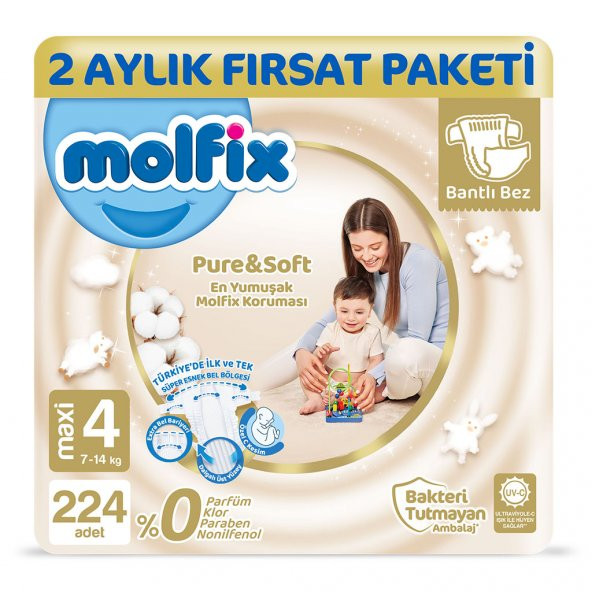 Molfix Pure&Soft 4 Beden Maxi 2 Aylık Fırsat Paketi 224 Adet