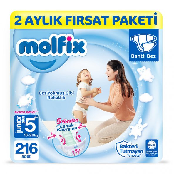 Molfix Bebek Bezi 5+ Beden Junior Plus 2 Aylık Fırsat Paketi 216 Adet