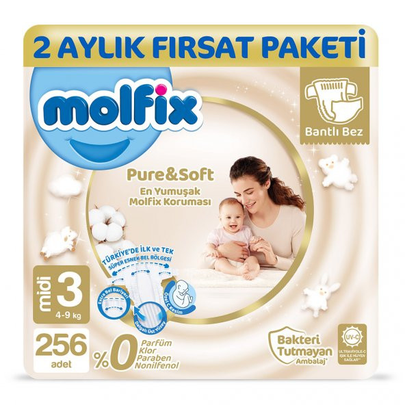 Molfix Pure&Soft 3 Beden Midi 2 Aylık Fırsat Paketi 256 Adet