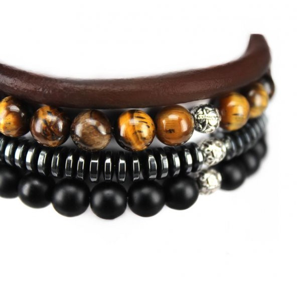 Alnis Atelier K.gözü,Oniks ve Hematit Doğal Taş Erkek Bileklik Kombin - 5