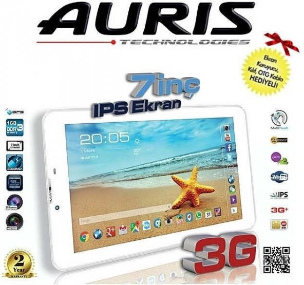 Auris 7 İnç Ips Ekran Sim Kartlı Tablet 1GB DDR 3 Ram 16 Gb Hafiza 3G