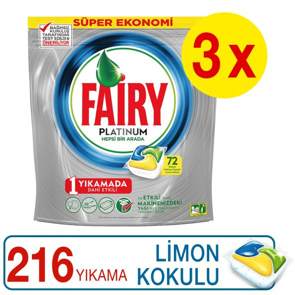 Fairy Platinum Bulaşık Kapsülü Limon Kokulu 72 Yıkama x 3 Adet