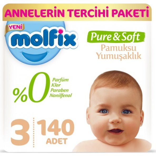 Molfix Pure&Soft Bebek Bezi 3 Beden 4-9 Kg 70li 2 Paket 140 Adet