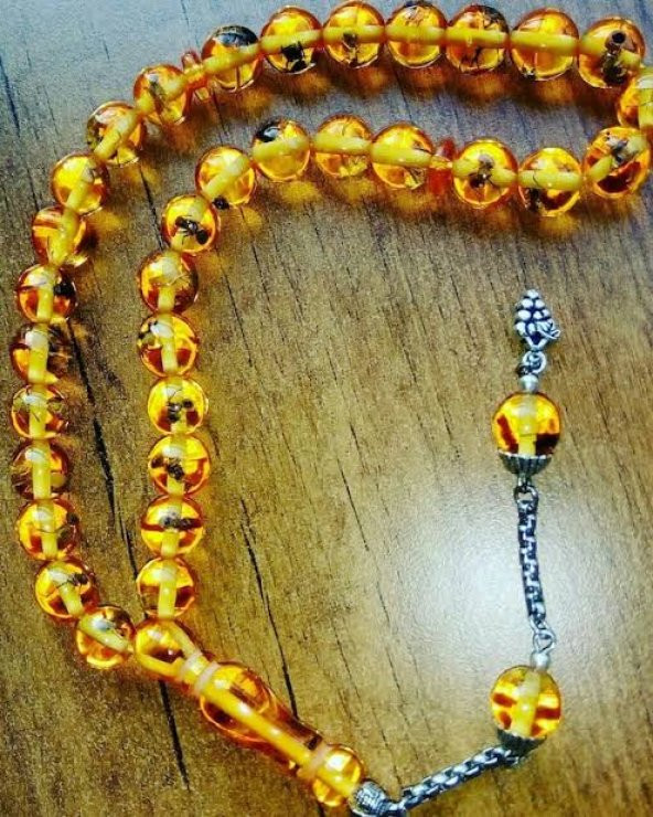 Karınca fosilli Toz kehribar tesbih 10 mm Sarı Kehribar