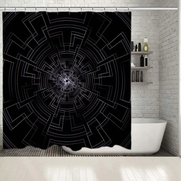 Baskılı Duş Perde Siyah Arka Zeminli Renkli Geometrik Desenli