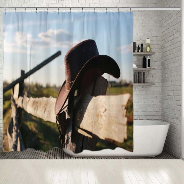 Baskılı Duş Perde Nostaljik Güneş Batımı Kovboy At Deseni