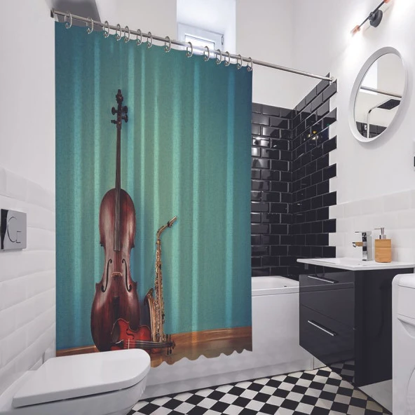 Baskılı Duş Perde Müzik Keman Saksafon Deseni - Resim 3